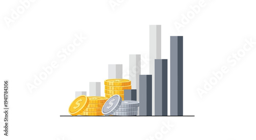 Financial growth illustrated with coins and bars a flat silhouette