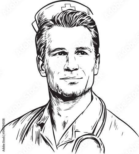 Hand Drawn Man as Nurse Black and White Avatar Illustration in Minimal Line Art Style Design