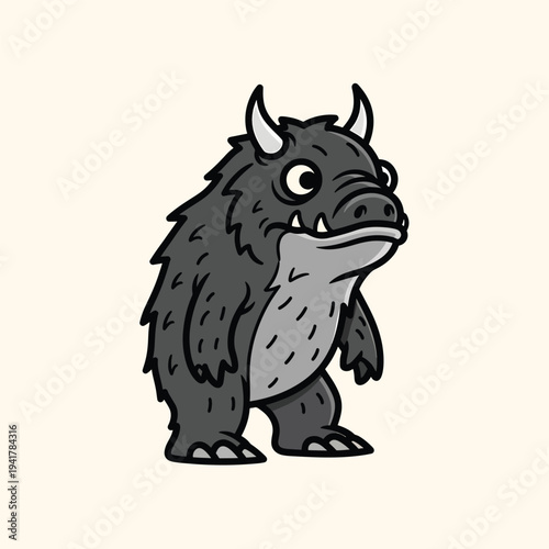 A cartoon monster stands upright, its form gray with black outline and a neutral background. It features horns, sharp teeth, and furry skin