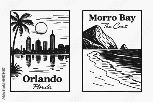 Orlando Florida Skyline with Palm Trees and Reflection, Morro Bay Coastline Vector Illustration