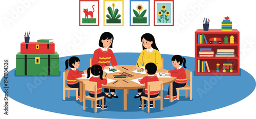 Group of young children and teachers sitting at a round table drawing and coloring in a colorful kindergarten classroom