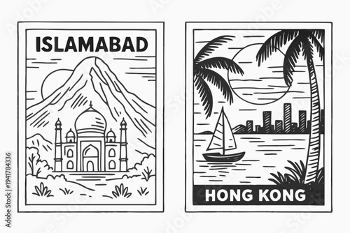 Vector illustration of Islamabad landmarks and Hong Kong skyline with palm trees