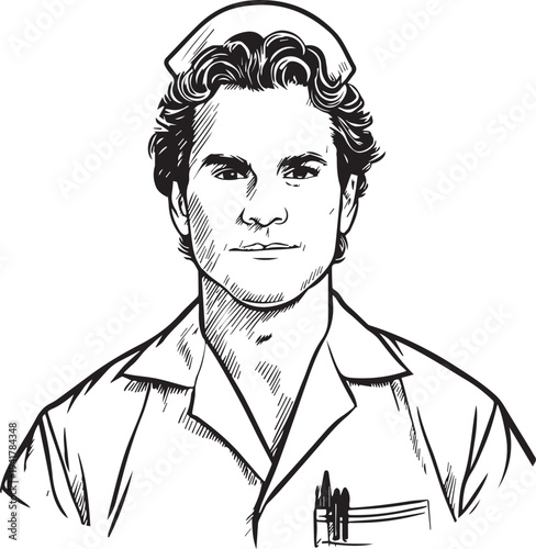 Hand Drawn Man as Nurse Black and White Avatar Illustration in Minimal Line Art Style Design