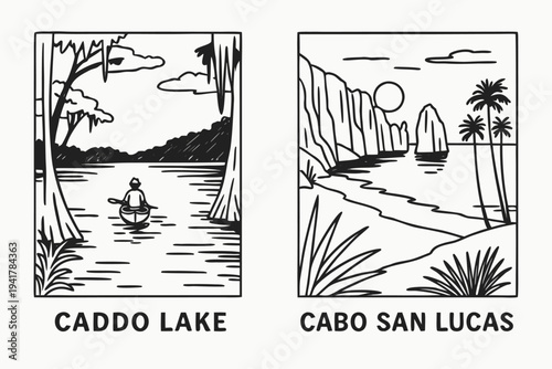 Caddo Lake and Cabo San Lucas landscapes, vector illustration duo