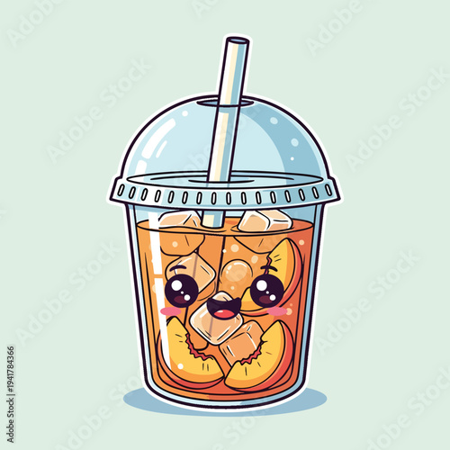 A cartoon image of a cute peach-flavored drink with ice cubes and a straw, in a cup with a lid on a pastel background