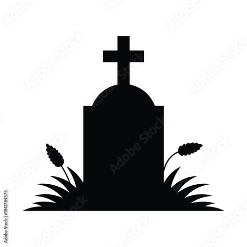 Tombstone with cross and plants illustration