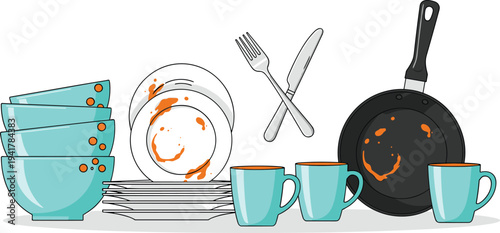 Stack of dirty dishes with food stains including plates bowls mugs and a frying pan for housework and cleaning concepts