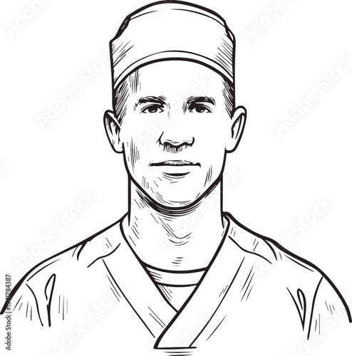 Hand Drawn Man as Nurse Black and White Avatar Illustration in Minimal Line Art Style Design