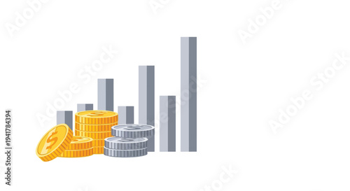 Financial growth depicted with coins and bar graph silhouette