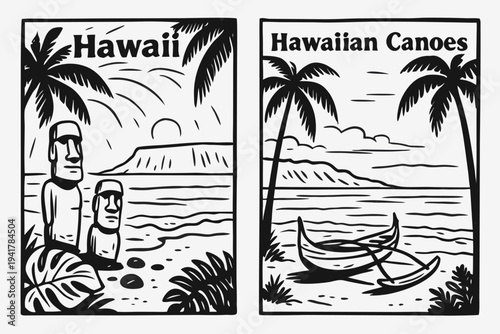 Vibrant Hawaiian canoes and iconic Moai statues in tropical paradise