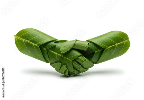 Green leaf handshake symbolizing eco friendly agreement