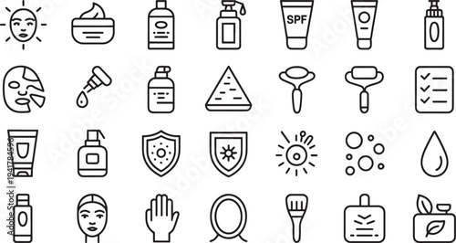 Set of black and white related to skincare and sun protection sunscreen lotion