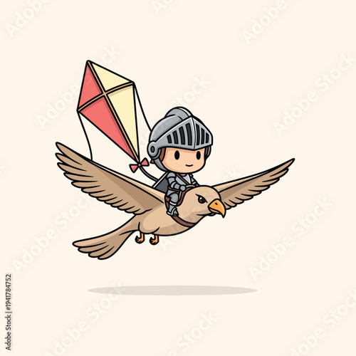 A cartoon knight with a kite flies on a bird with outstretched wings against a solid cream background. The knight wears armor