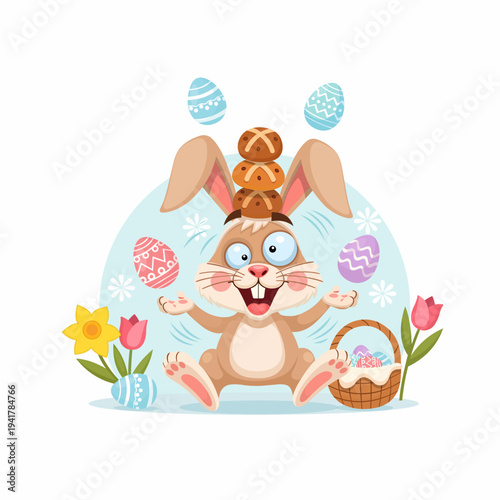 Funny Easter Bunny Juggling Eggs and Hot Cross Buns Illustration