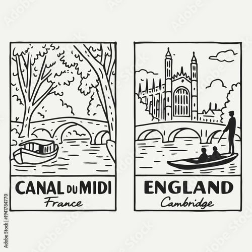 Charming vector illustration featuring two distinct scenes: Canal du Midi in France with a boat, and Cambridge, England with punting, perfect for travel themes.