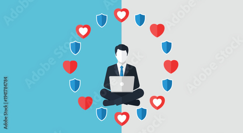 Man working on laptop surrounded by hearts and shields a silhouette