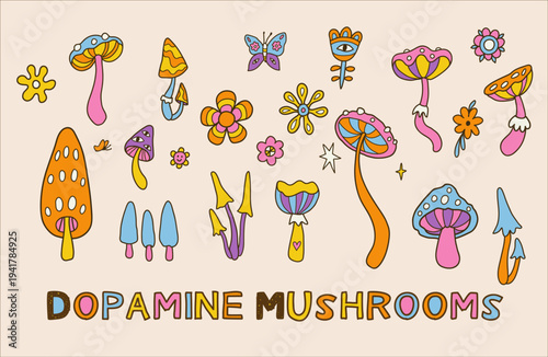 Colorful dopamine mushrooms vector illustration in playful line art style. Cute psychedelic fungi collection. Perfect for stickers, posters, packaging.