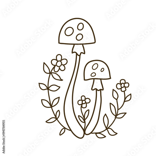 Mushrooms line art vector illustration on white background. Trippy fungi outline set. Perfect for coloring pages, posters, stickers, prints.
