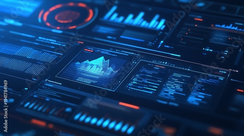 Digital data dashboard displaying various graphs, charts, and metrics for analysis, visualization, and monitoring in a futuristic user interface concept with vibrant blue and orange glowing elements.