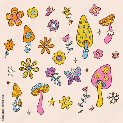Colorful dopamine mushrooms seamless pattern vector illustration. Playful psychedelic fungi line art. Perfect for fabric, wallpaper, packaging, wrapping paper.