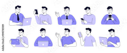 Male character at work set. Man in various poses use smartphone, laptop and other devices. Business doodle concept. Vector illustration.

