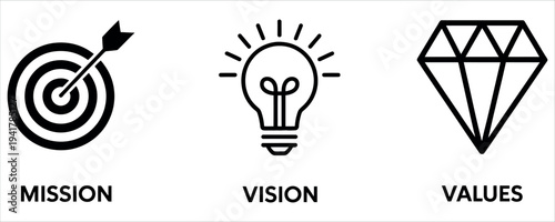 Business Mission Vision and Values Icon Set with Target Bulb and Diamond Symbols Vector Illustration.