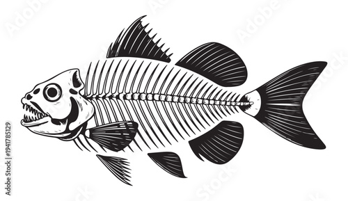 Fish skeleton vector illustration black and white isolated on white background for design element
