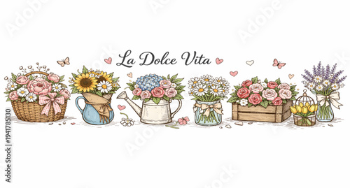 Hand-drawn flowers in vases, sketched style flower bouquets. Naive floral design. Spring and summer botanical illustration, cute vintage doodle style.