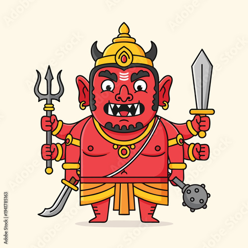 A cartoon illustration of a red, six-armed demon, wearing a crown and jewelry, holding a trident, a sword, a mace, and a curved blade