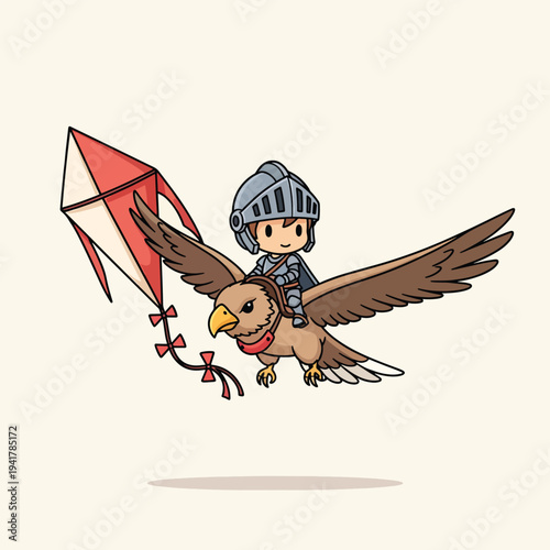 A cartoon knight with a kite flies on a bird in a light beige background. The knight wears a helmet and armor
