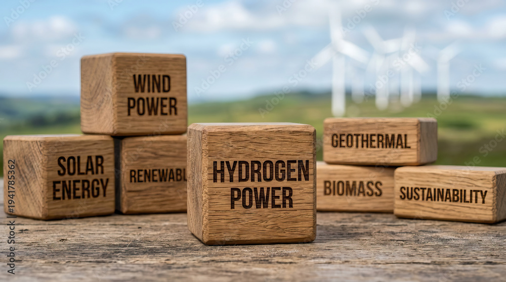 custom made wallpaper toronto digitalWooden block with renewable energy terms and wind turbines in background
