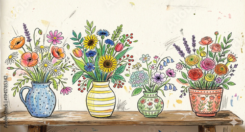 Hand drawn flowers in vases. Sketched style flower bouquets. Naive design. Spring, summer botanical art.