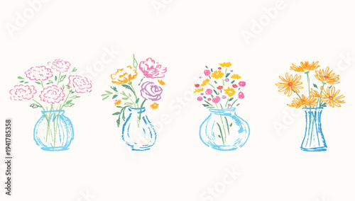 Hand drawn flowers in vases. Sketched style flower bouquets. Naive design. Spring, summer botanical art.