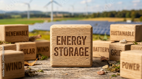 Wallpaper Mural Energy storage concept with wooden blocks engraved with renewable energy terms, set outdoors with wind turbines and solar panels in background, symbolizing sustainable power solutions Torontodigital.ca