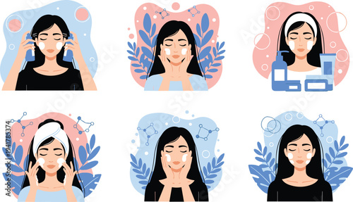 Flat vector illustration set of a woman applying facial skincare products and cream for beauty routine and healthy skin care