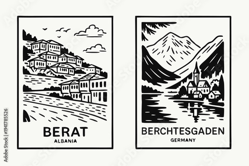 Berat Albania and Berchtesgaden Germany Vintage Travel Posters Vector Illustration