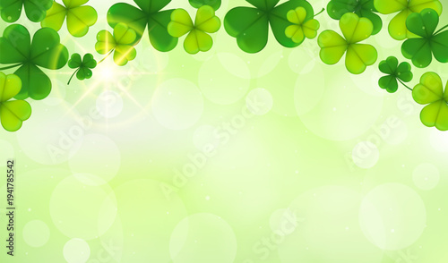 Shamrock background vector illustration. Clover leaves frame on light green bokeh background