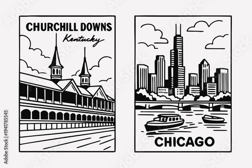 Iconic landmarks of Churchill Downs and Chicago cityscape in drawn style
