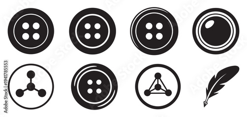 Miscellaneous sewing and feather icons, decorative clothing fasteners set. vector illustration eps 10