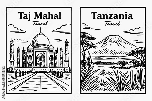 Taj Mahal and Tanzania Travel Destination Vector Illustrations in Sketch Style