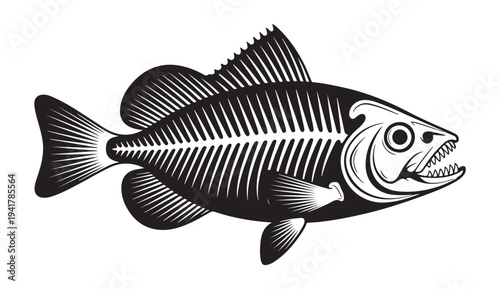 Fish skeleton black and white vector illustration isolated on white background for design element