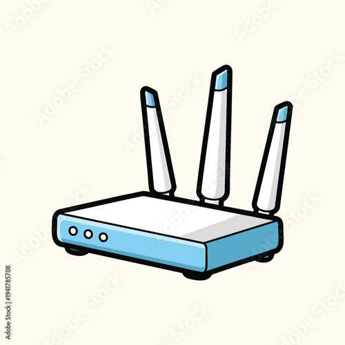 A cartoon illustration of a router featuring a light blue base, three antennae, a light background, and three circular lights