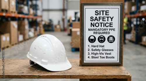 Wallpaper Mural White hard hat and site safety notice on wooden table in warehouse environment emphasizing mandatory personal protective equipment for worker safety Torontodigital.ca