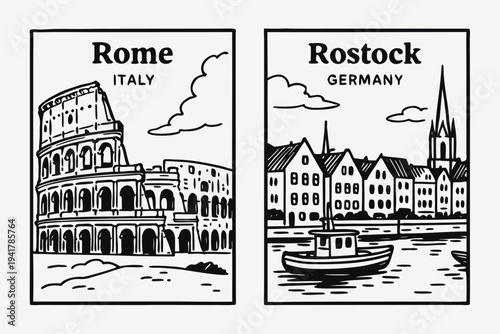 Travel posters of Rome Italy and Rostock Germany with iconic landmarks
