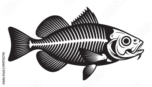Stylized fish skeleton illustration with detailed bones and fins on white background vector art