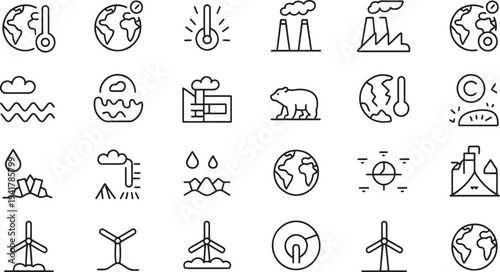 Set of black and white representing climate change and environmental themes global warming