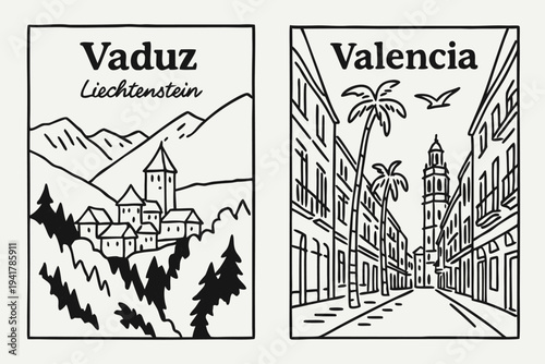 Travel postcards featuring Vaduz and Valencia cityscapes