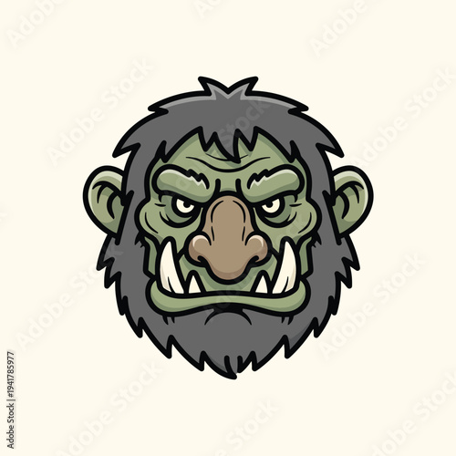 A cartoon ogre's green face, sporting wild grey hair, large teeth, and a grumpy expression. The style is flat with bold outlines