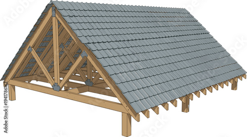 Wooden roof truss structure with grey tiles and timber framing isolated on white background for construction and architectural design concepts