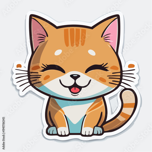 Charming and Cheerful Cartoon Kitten Sticker Illustration with Bright Eyes and a Content Smile, Perfect for Playful Digital Designs and Crafts